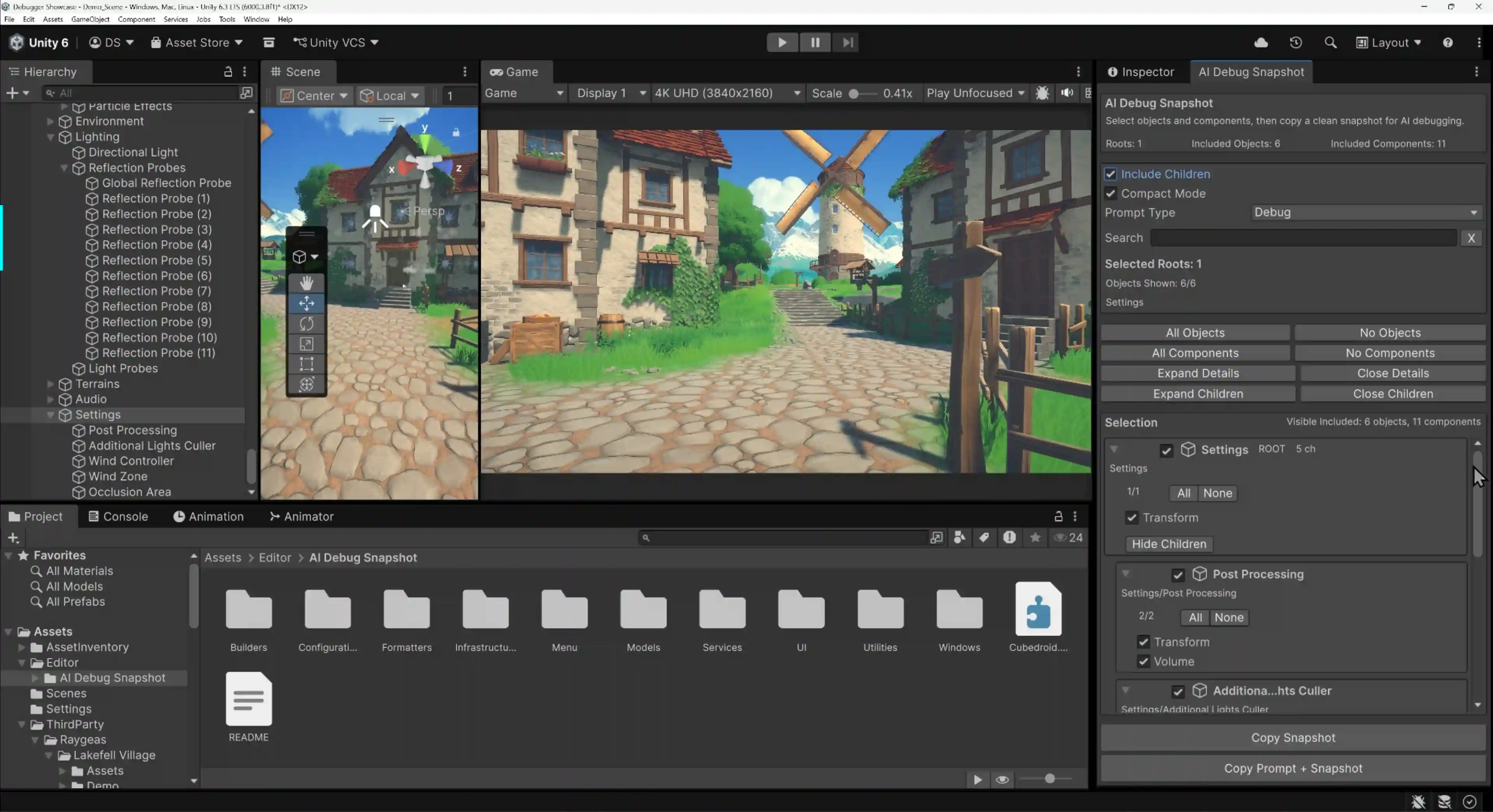 Unity editor window showing AI Debug Snapshot component and hierarchy selection